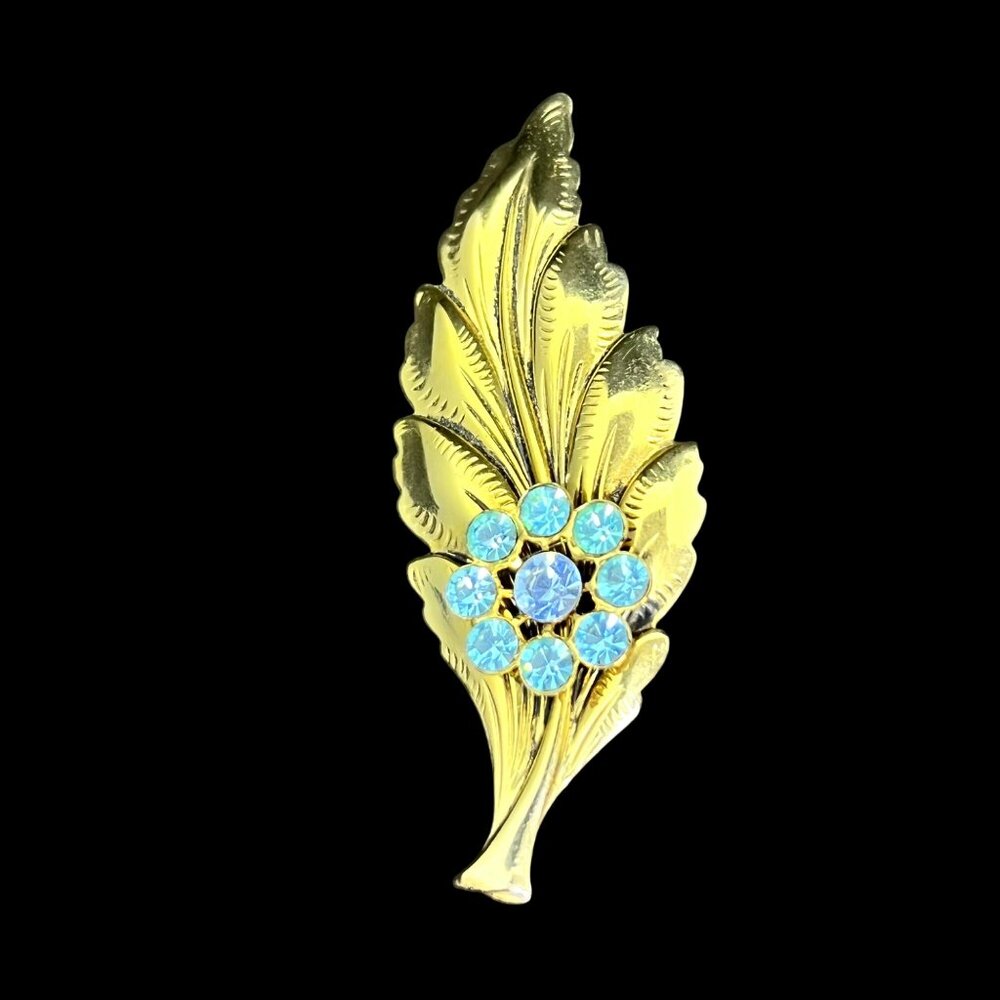 Vintage Lot Of Gold Tone And Rhinestone Leaf Brooches (3469) - Picture 6 of 9